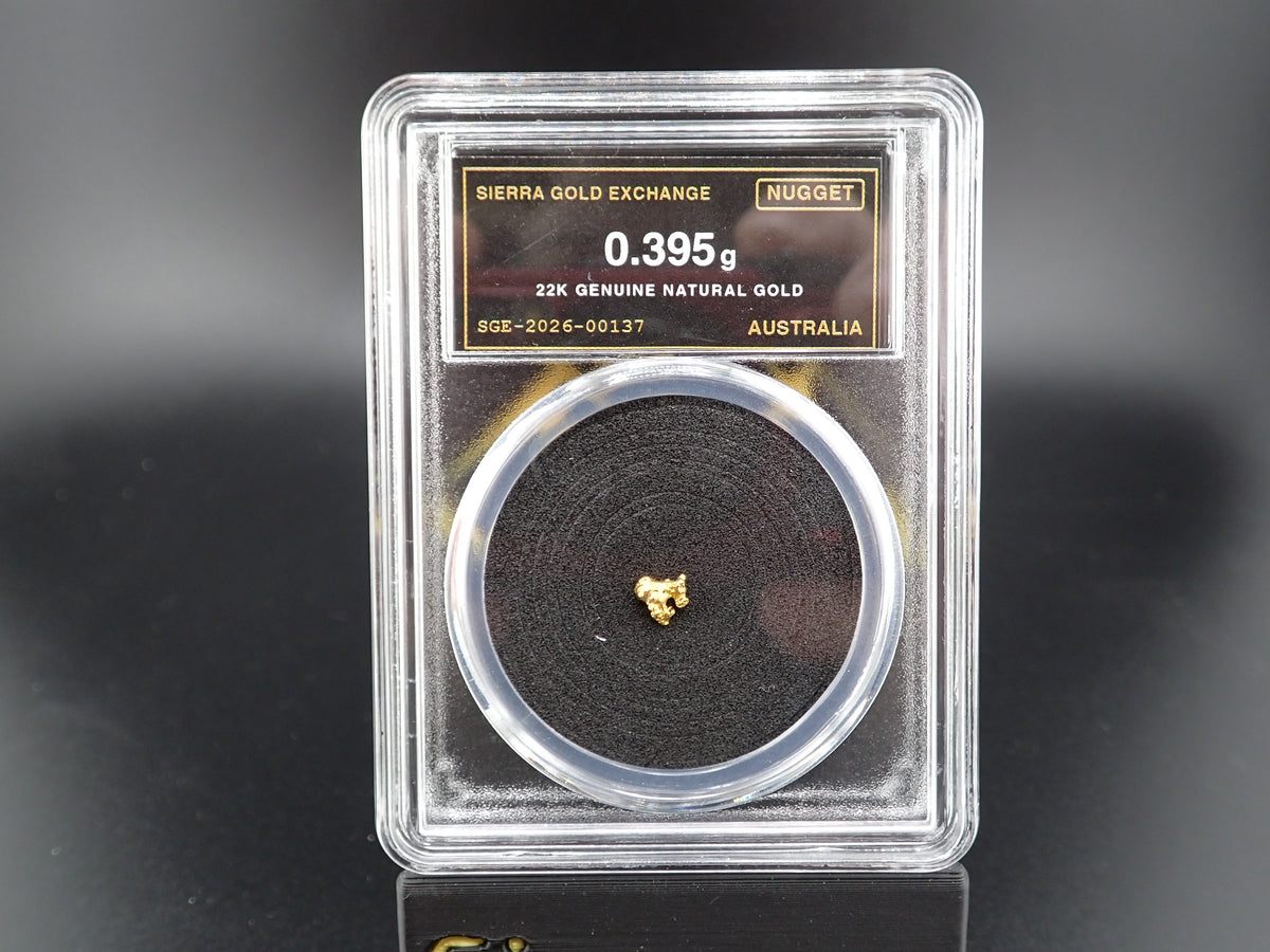 Australian Natural Gold Nugget in Sealed Slab – 0.395g, 22K – SGE-2026-00137