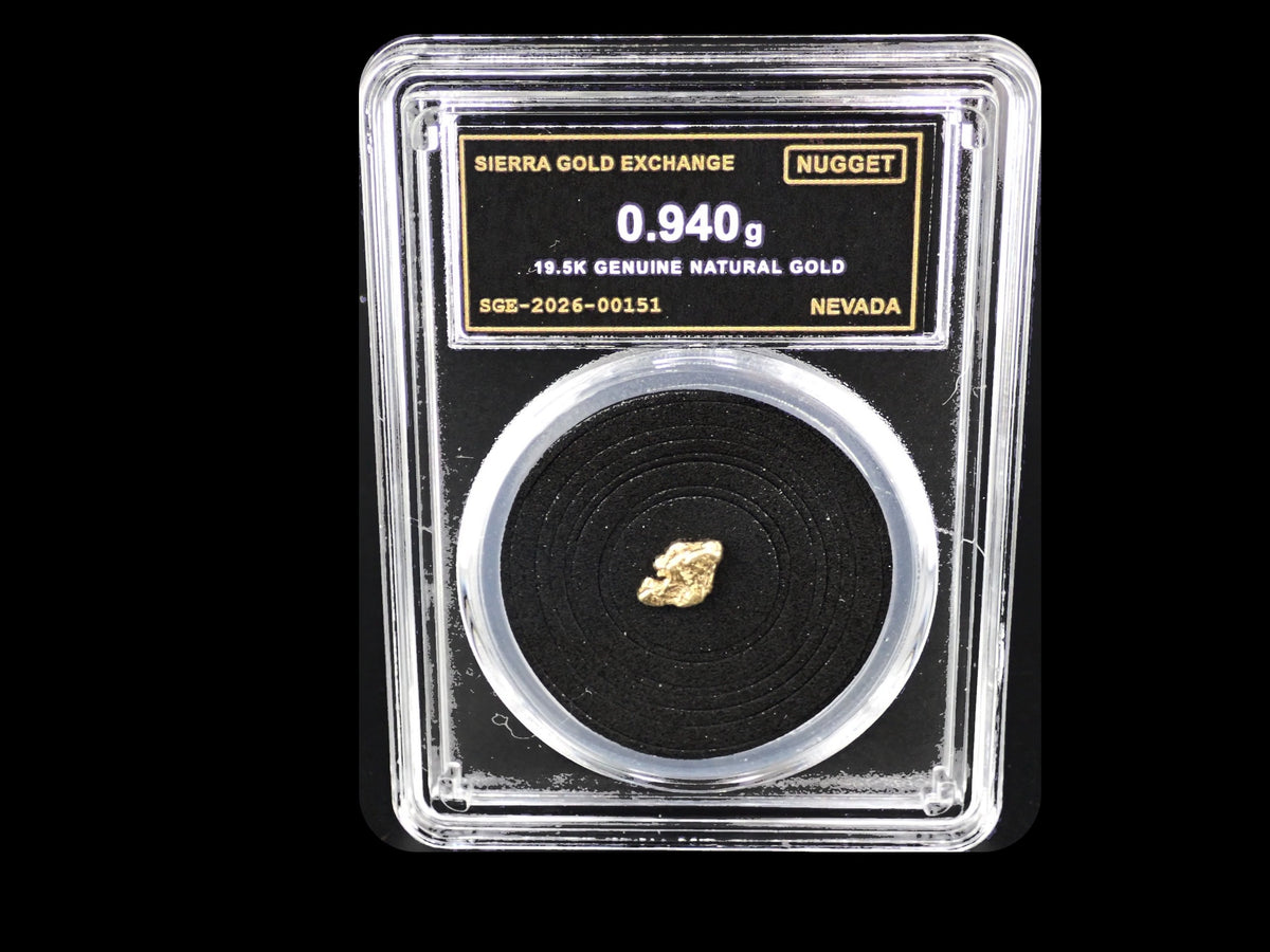 Nevada natural gold nugget in sealed slab, 0.940g, SGE-2026-00151