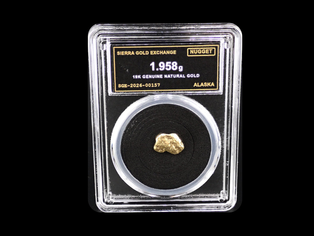 Alaska natural gold nugget in sealed slab, 1.958g, SGE-2026-00157