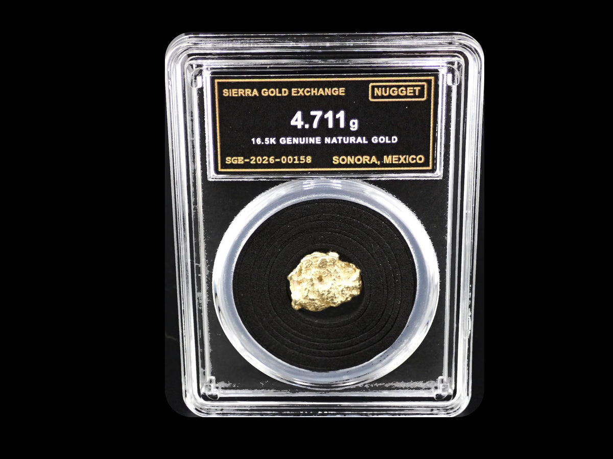 Sonora, Mexico natural gold nugget in sealed slab, 4.711g, SGE-2026-00158