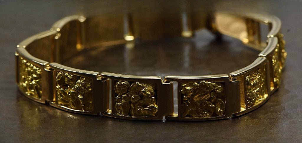 Gold Nugget Inlay Bracelet "Orocal" B10MM11L Genuine Hand Crafted Jewelry - 14K Casting
