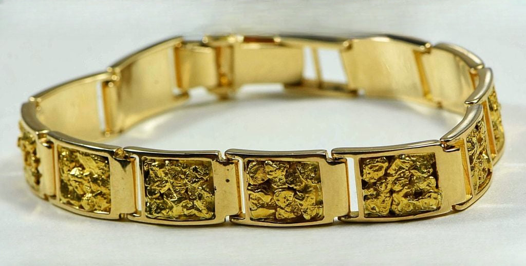 Gold Nugget Inlay Bracelet "Orocal" B10MM11L Genuine Hand Crafted Jewelry - 14K Casting