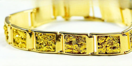 Gold Nugget Inlay Bracelet "Orocal" B10MM11L Genuine Hand Crafted Jewelry - 14K Casting