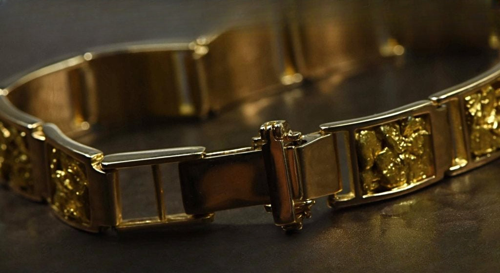 Gold Nugget Inlay Bracelet "Orocal" B10MM11L Genuine Hand Crafted Jewelry - 14K Casting
