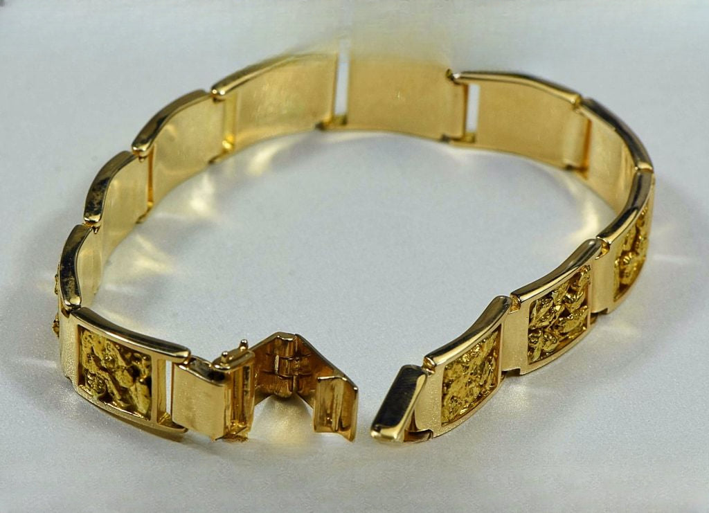 Gold Nugget Inlay Bracelet "Orocal" B10MM11L Genuine Hand Crafted Jewelry - 14K Casting