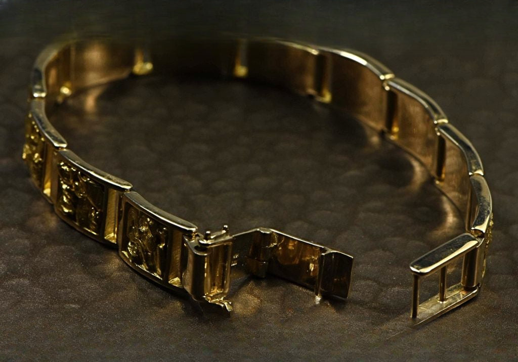 Gold Nugget Inlay Bracelet "Orocal" B10MM11L Genuine Hand Crafted Jewelry - 14K Casting