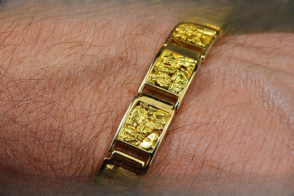 Gold Nugget Inlay Bracelet "Orocal" B10MM11L Genuine Hand Crafted Jewelry - 14K Casting
