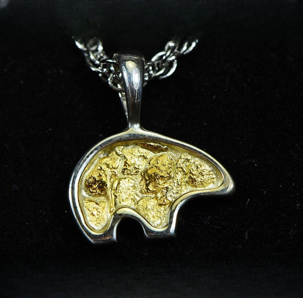 Gold Nugget Pendant Bear - Sterling Silver - PBR1SOLSS- Hand Made "Orocal" Jewelry
