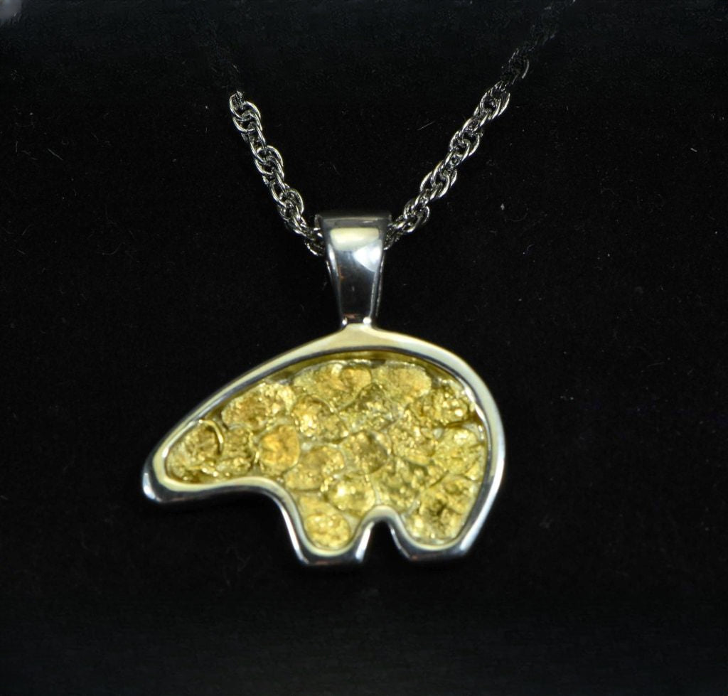Gold Nugget Pendant Bear - Sterling Silver - PBR1XLNSS- Hand Made "Orocal" Jewelry