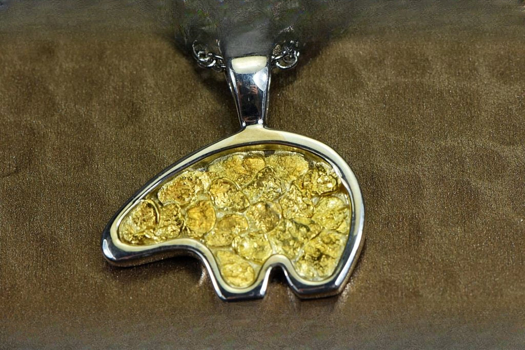 Gold Nugget Pendant Bear - Sterling Silver - PBR1XLNSS- Hand Made "Orocal" Jewelry