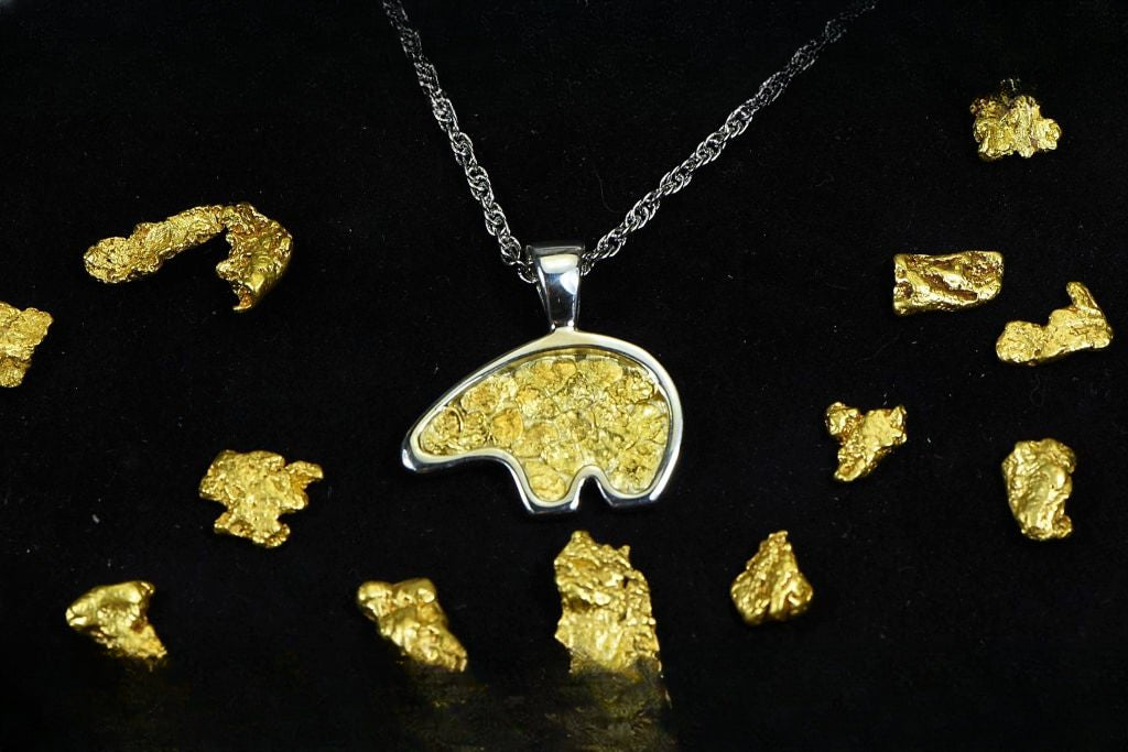 Gold Nugget Pendant Bear - Sterling Silver - PBR1XLNSS- Hand Made "Orocal" Jewelry