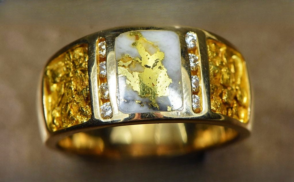 Gold Nugget/Quartz Men's Ring "Orocal" RM732LDNQ Genuine Hand Crafted Jewelry - 14K Casting