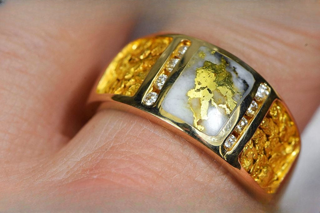 Gold Nugget/Quartz Men's Ring "Orocal" RM732LDNQ Genuine Hand Crafted Jewelry - 14K Casting