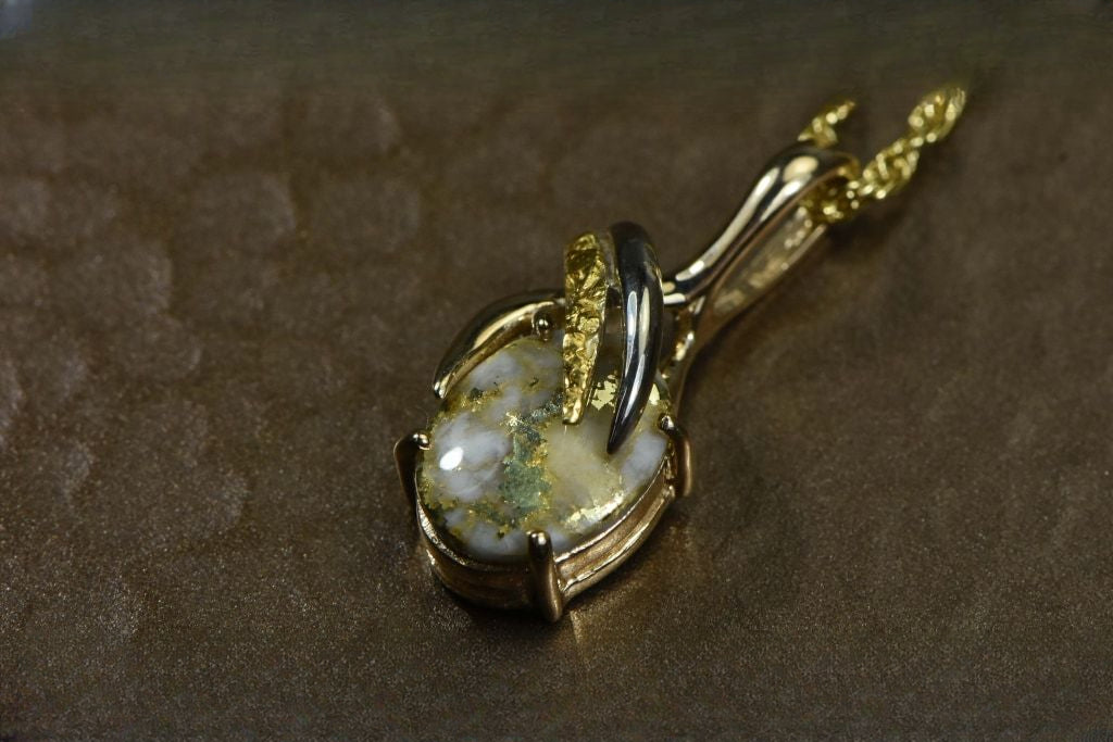 Gold Quartz Pendant & Nugget "Orocal" PN819NQX Genuine Hand Crafted Jewelry - 14K Gold Yellow Gold Casting