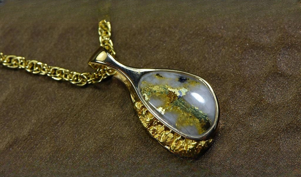 Gold Quartz Pendant & Nugget "Orocal"PSC126QX Genuine Hand Crafted Jewelry - 14K Gold Yellow Gold Casting