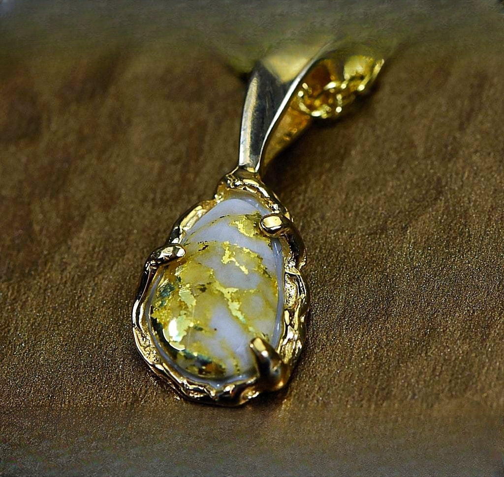 Gold Quartz Pendant "Orocal" PFFQ4 Genuine Hand Crafted Jewelry - 14K Gold Yellow Gold Casting