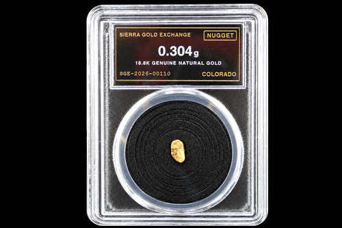 Colorado natural gold nugget sealed in slab, 0.304g, 18.8K, serial SGE-2026-00110, black background