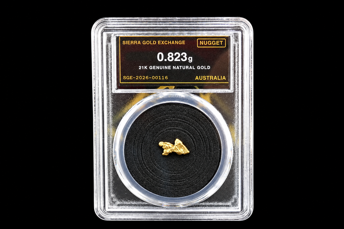 0.823g Australian natural gold nugget labeled 21K in sealed slab SGE-2026-00116 on a black background