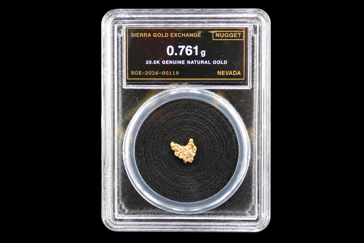 Nevada gold nugget in sealed slab, 0.761g, 20.5K, serial SGE-2026-00119, black background