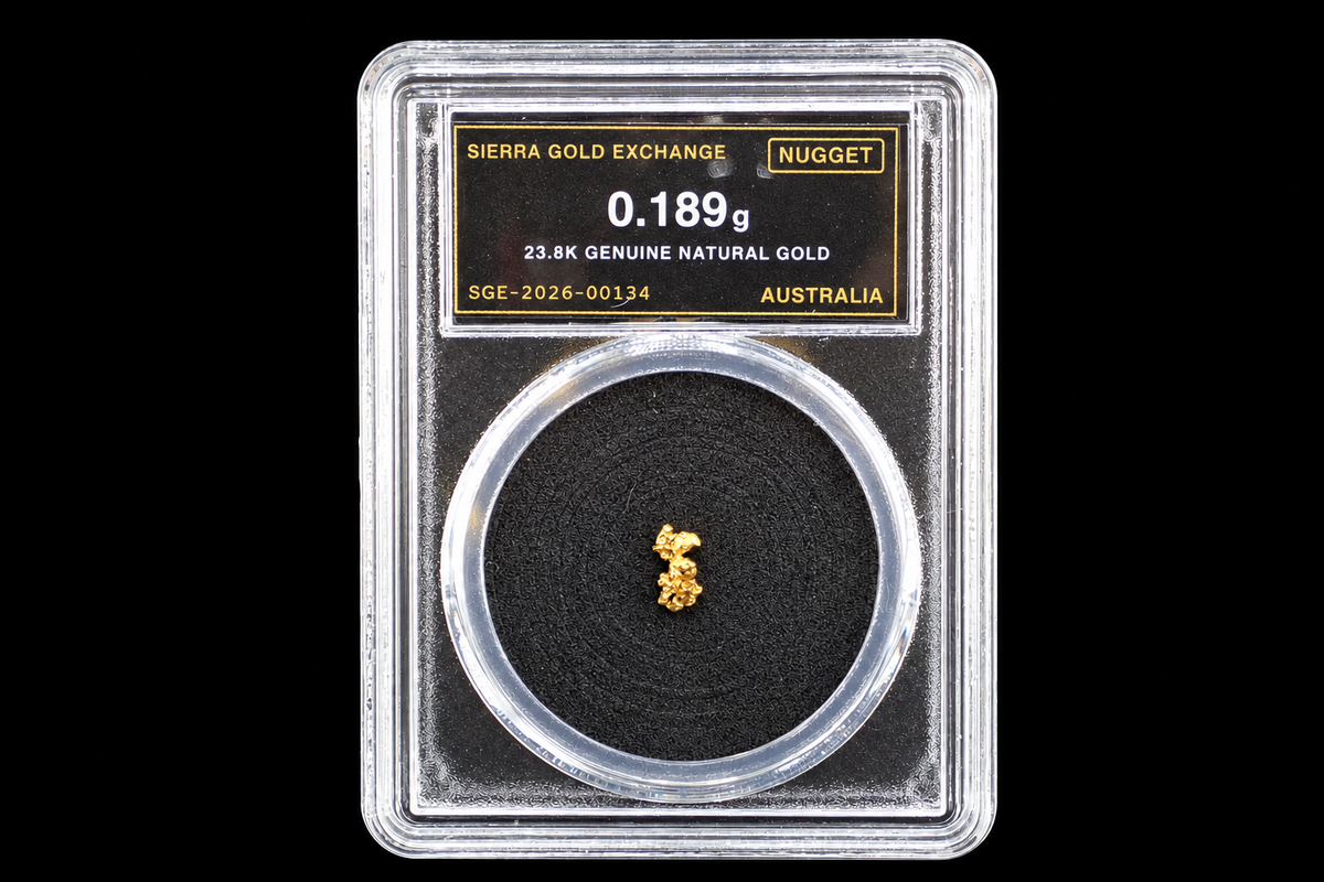 Australian gold nugget in sealed slab, 0.189g, 23.8K, serial SGE-2026-00134, black background
