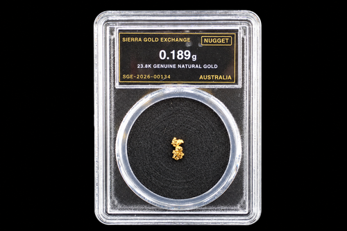 Australian gold nugget in sealed slab, 0.189g, 23.8K, serial SGE-2026-00134, black background