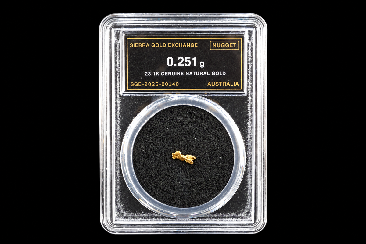 Australian natural gold nugget in slab SGE-2026-00140, 0.251g, 23.1K