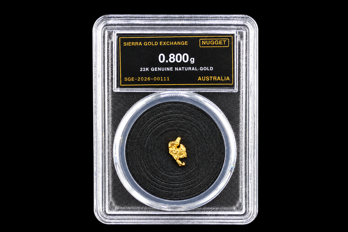 Australian gold nugget sealed in slab, 0.800g, 22K, serial SGE-2026-00111, black background