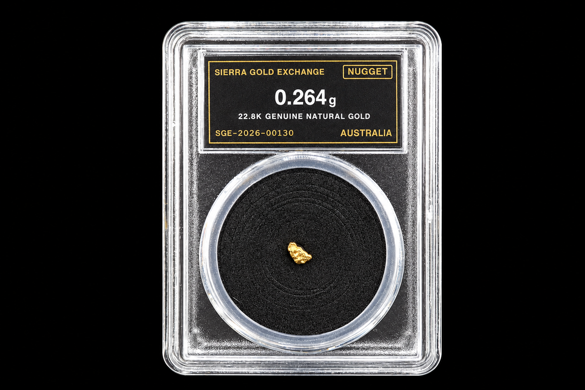 Australian natural gold nugget in slab SGE-2026-00130, 0.264g, 22.8K