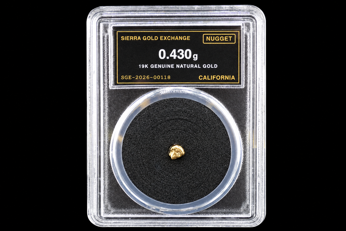 California gold nugget in sealed slab, 0.430g, 19K, serial SGE-2026-00118, black background