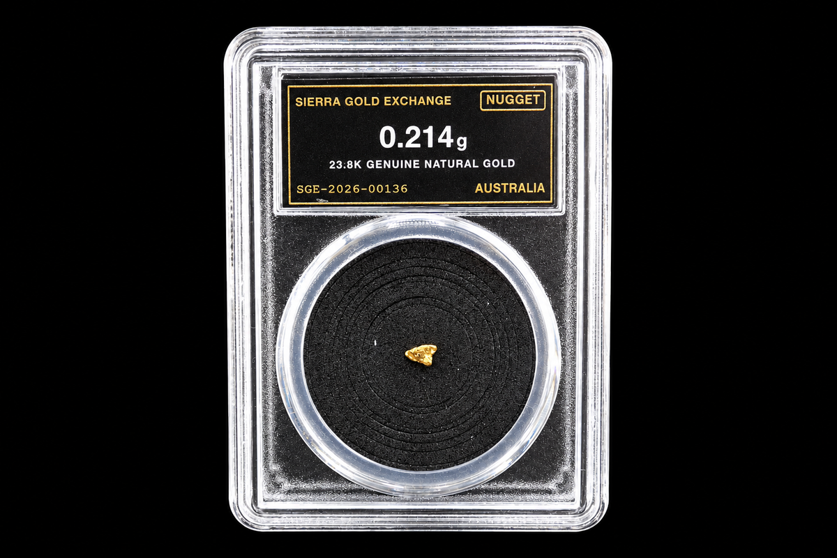 0.214g Australian natural gold nugget labeled 23.8K in sealed slab SGE-2026-00136 on a black background
