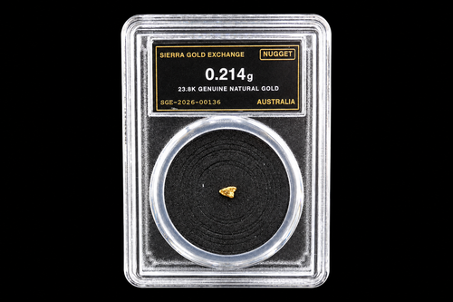 0.214g Australian natural gold nugget labeled 23.8K in sealed slab SGE-2026-00136 on a black background