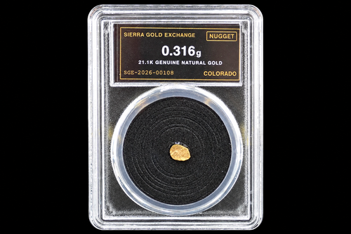 Colorado gold nugget in sealed slab, 0.316g, 21.1K, serial SGE-2026-00108, black background
