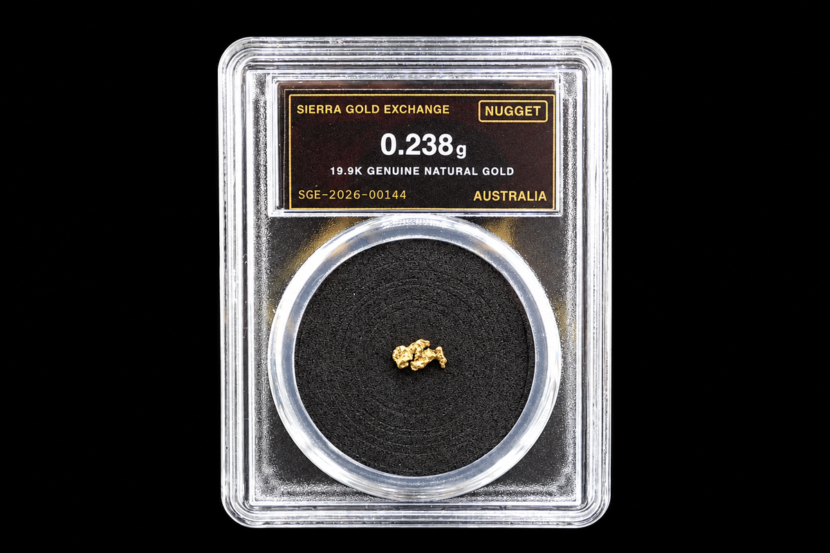 0.238g Australian natural gold nugget labeled 19.9K in sealed slab SGE-2026-00144 on a black background