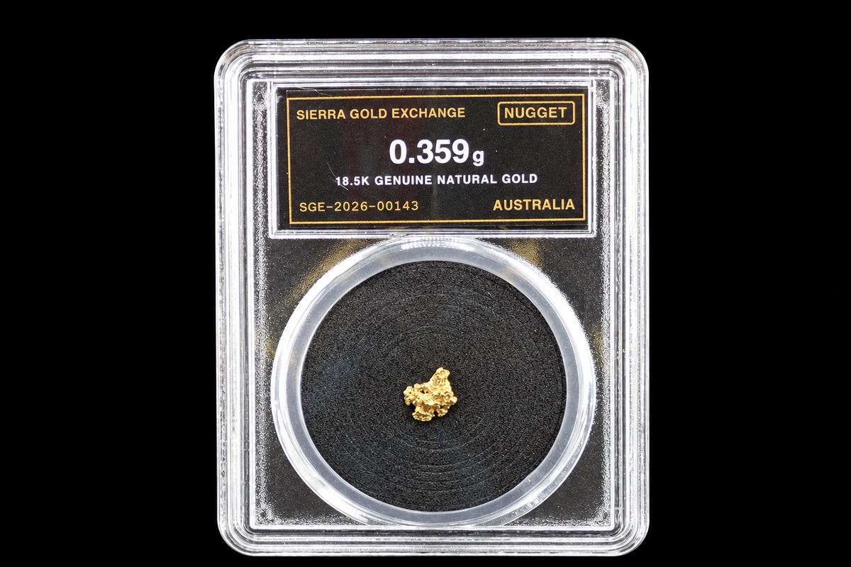 Australian gold nugget in sealed slab, 0.359g, 18.5K, serial SGE-2026-00143, black background