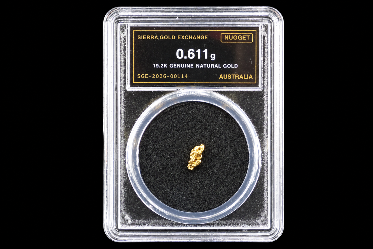 Australian gold nugget in sealed slab, 0.611g, 19.2K, serial SGE-2026-00114, black background