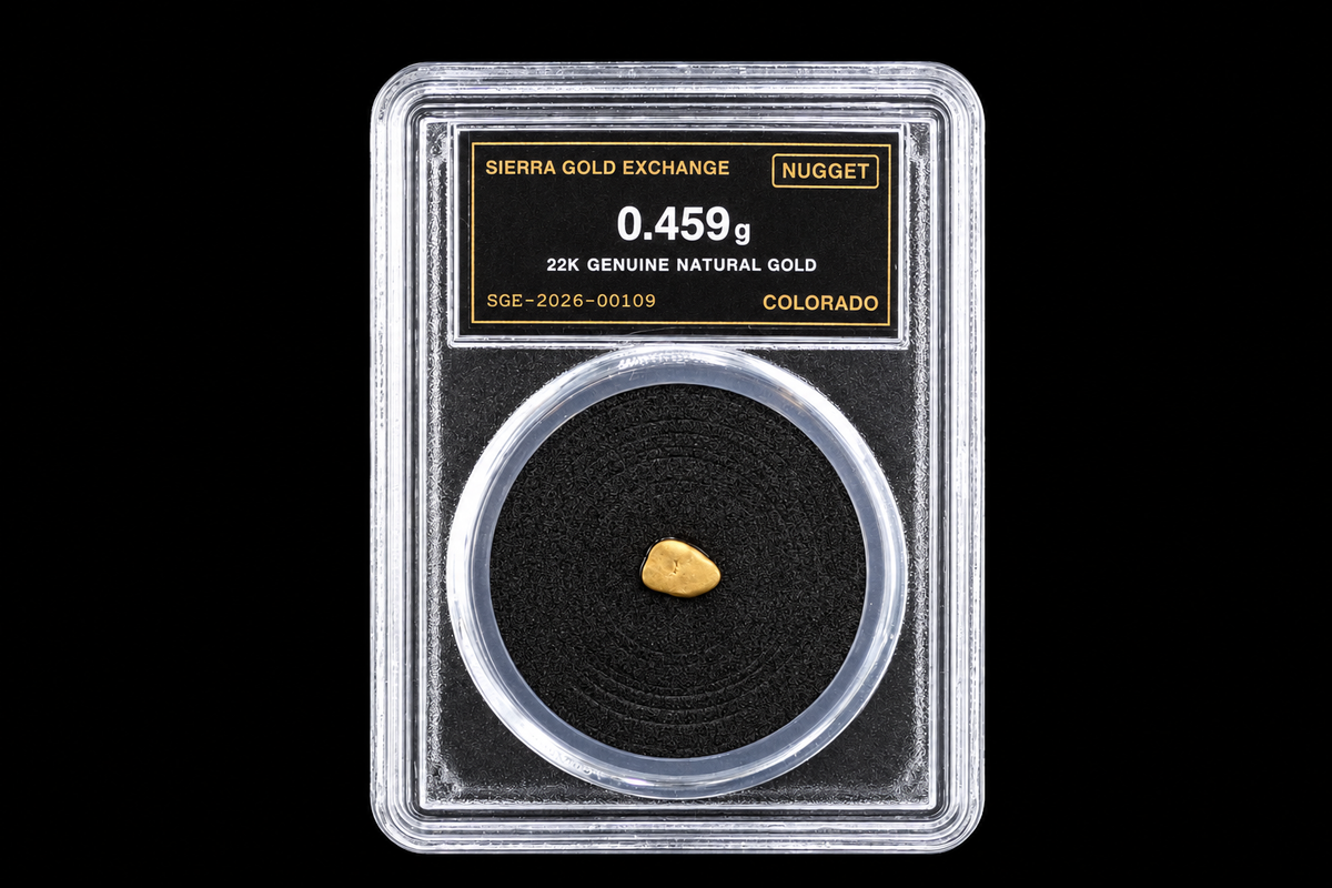 0.459g Colorado natural gold nugget labeled 22K in sealed slab SGE-2026-00109 on a black background