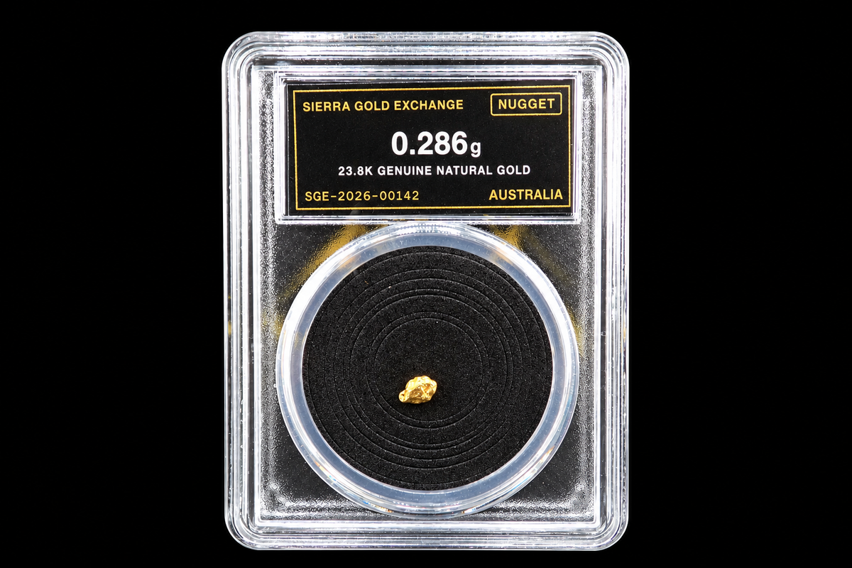 0.286g Australian natural gold nugget labeled 23.8K in sealed slab SGE-2026-00142 on black background
