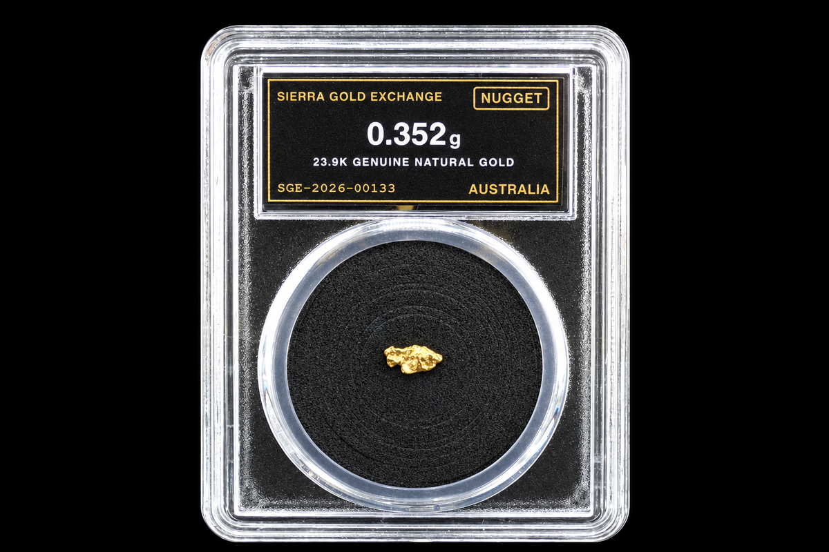 Australian gold nugget in sealed slab, 0.352g, 23.9K, serial SGE-2026-00133, black background