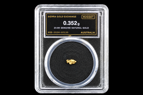 Australian gold nugget in sealed slab, 0.352g, 23.9K, serial SGE-2026-00133, black background