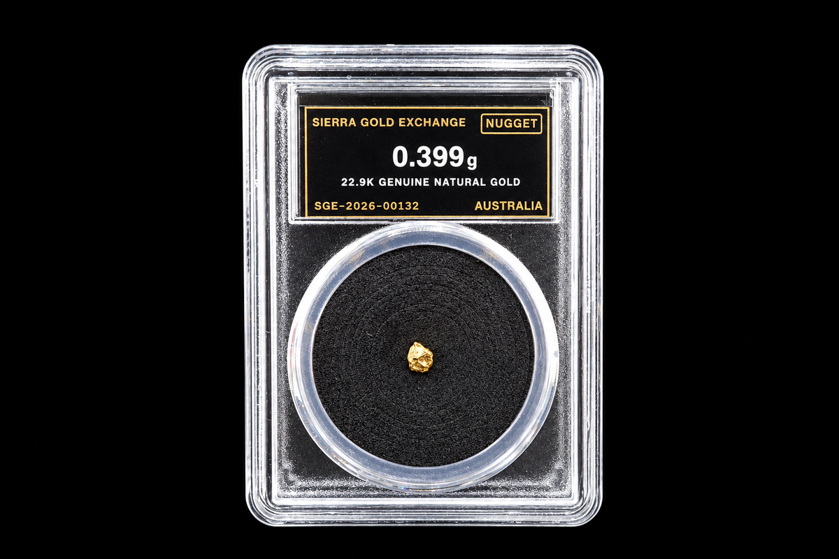 0.399g Australian natural gold nugget labeled 22.9K in sealed slab SGE-2026-00132 on black background