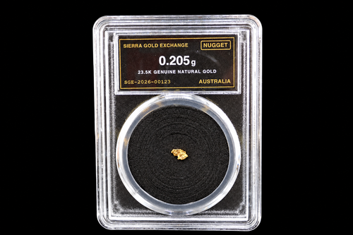 0.205g Australian gold nugget labeled 23.5K in Sierra Gold Exchange slab SGE-2026-00123 on a black background