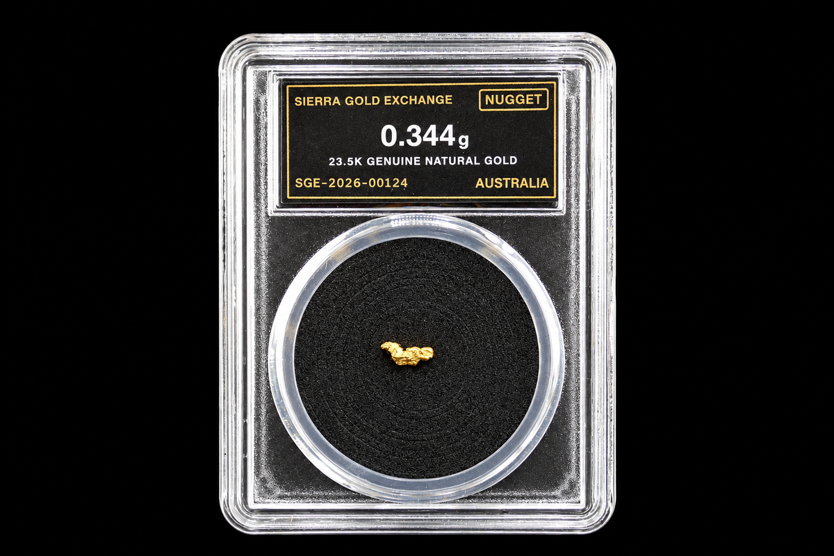 Australian natural gold nugget in slab SGE-2026-00124, 0.344g, 23.5K